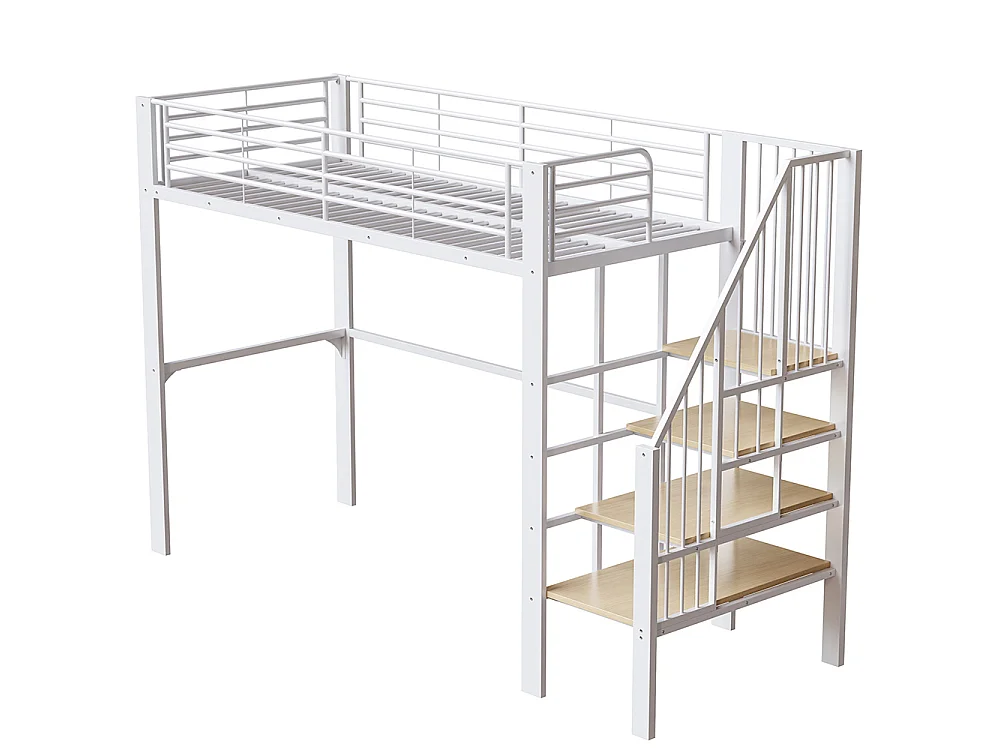 Métal Lit mezzanine 90x200 cm - Avec échelle - Barrières de sécurité - Grand rangement sous le lit - Blanc