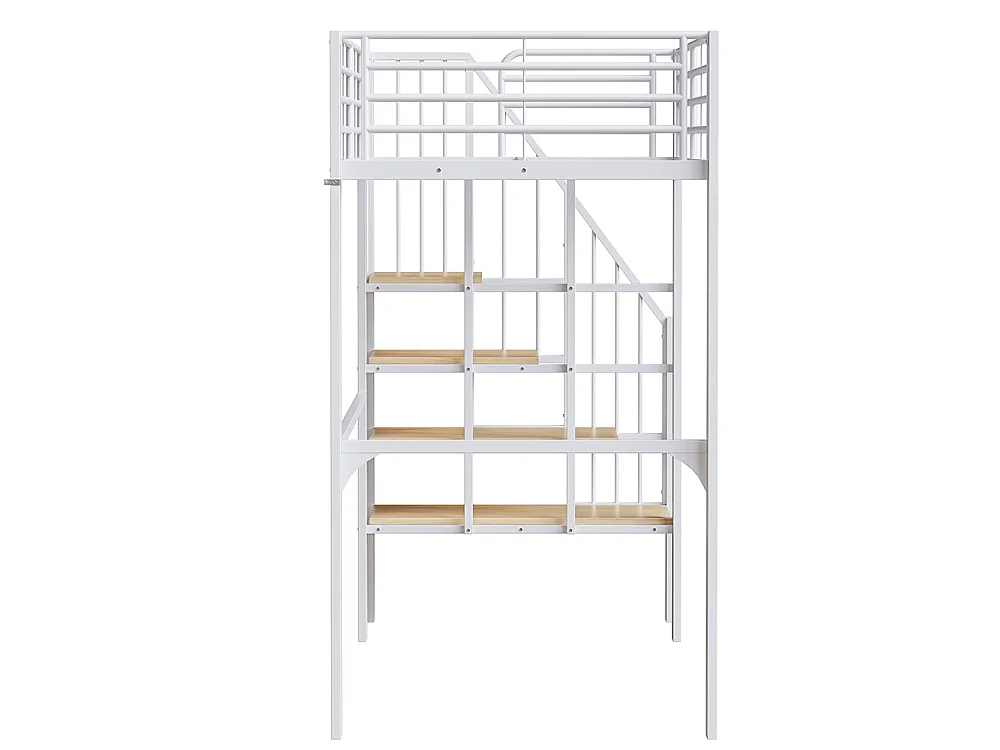 Métal Lit mezzanine 90x200 cm - Avec échelle - Barrières de sécurité - Grand rangement sous le lit - Blanc