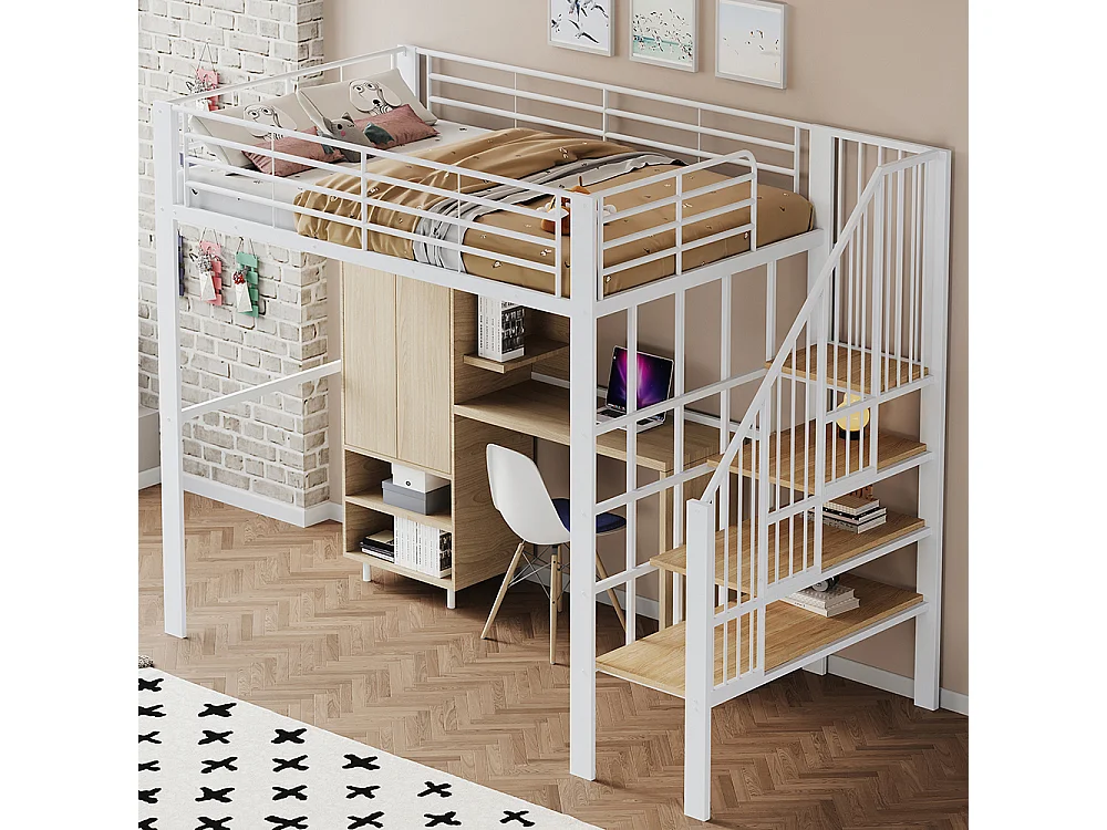 Métal Lit mezzanine 140x200 cm - Avec échelle - Barrières de sécurité - Grand rangement sous le lit - Blanc