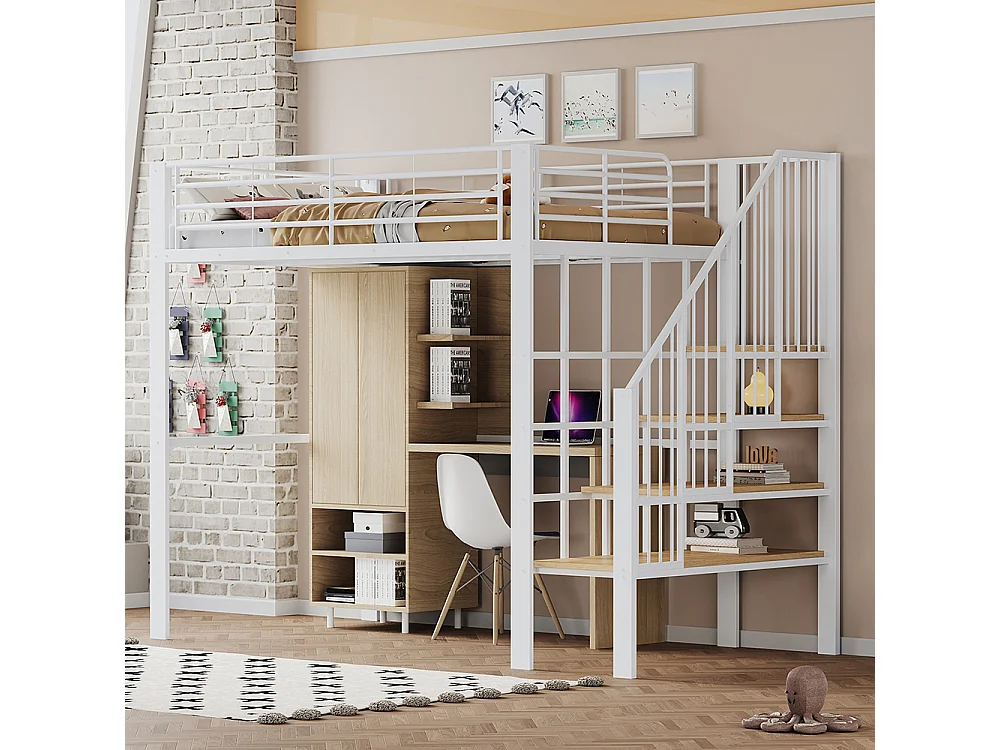 Métal Lit mezzanine 140x200 cm - Avec échelle - Barrières de sécurité - Grand rangement sous le lit - Blanc