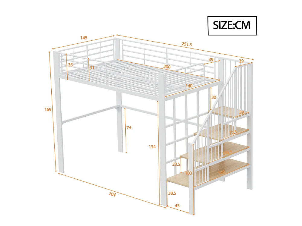Métal Lit mezzanine 140x200 cm - Avec échelle - Barrières de sécurité - Grand rangement sous le lit - Blanc