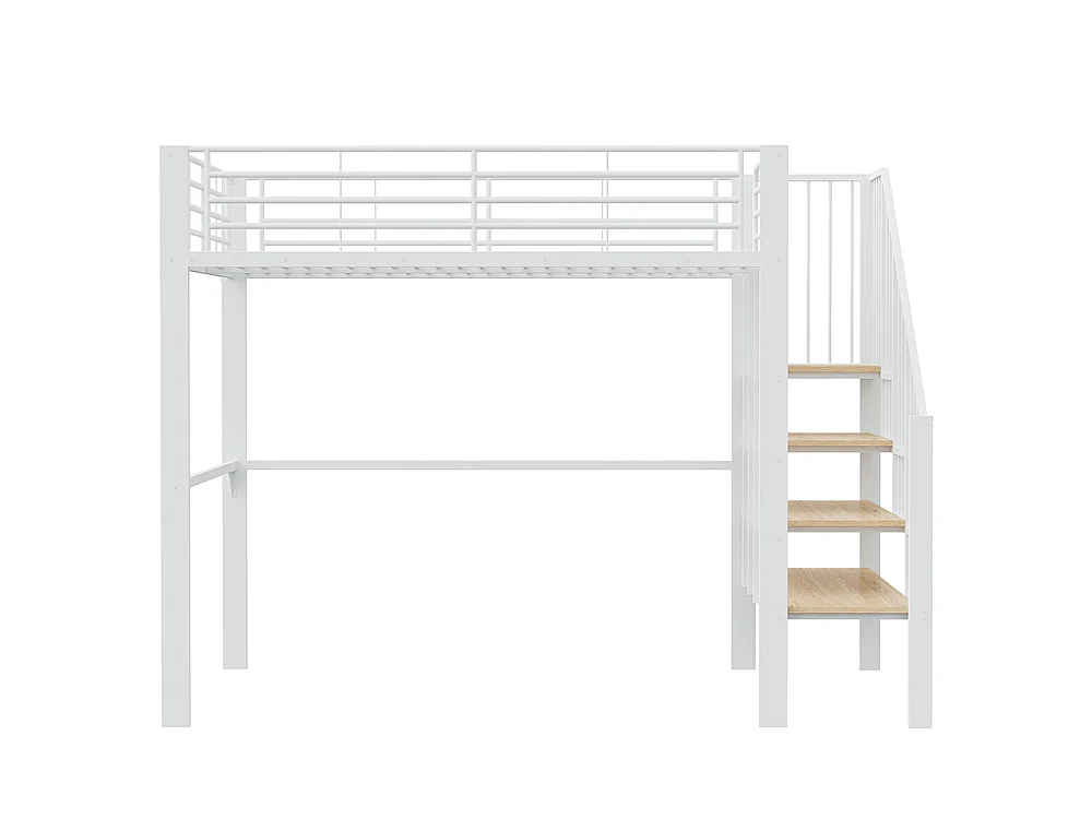 Métal Lit mezzanine 140x200 cm - Avec échelle - Barrières de sécurité - Grand rangement sous le lit - Blanc