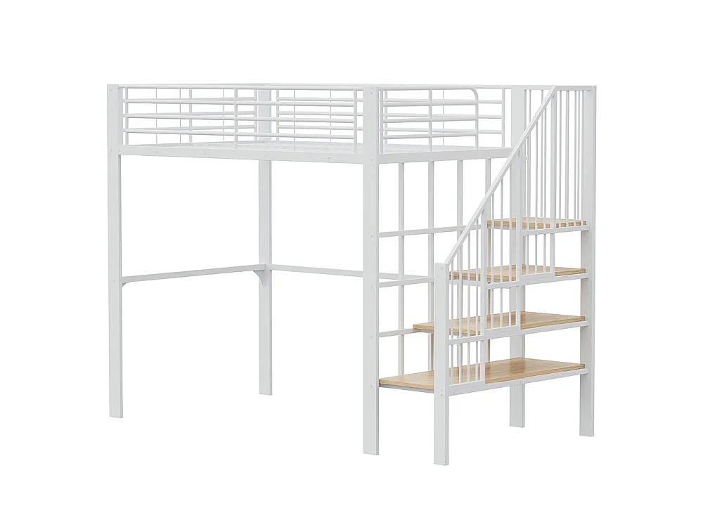 Métal Lit mezzanine 140x200 cm - Avec échelle - Barrières de sécurité - Grand rangement sous le lit - Blanc