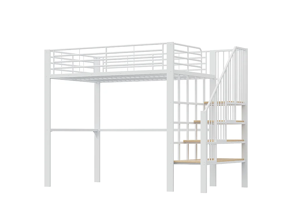 Métal Lit mezzanine 140x200 cm - Avec échelle - Barrières de sécurité - Grand rangement sous le lit - Blanc