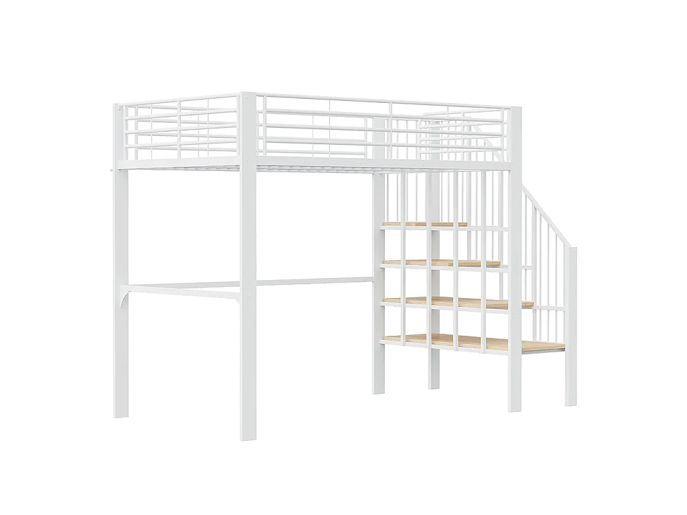 Métal Lit mezzanine 140x200 cm - Avec échelle - Barrières de sécurité - Grand rangement sous le lit - Blanc