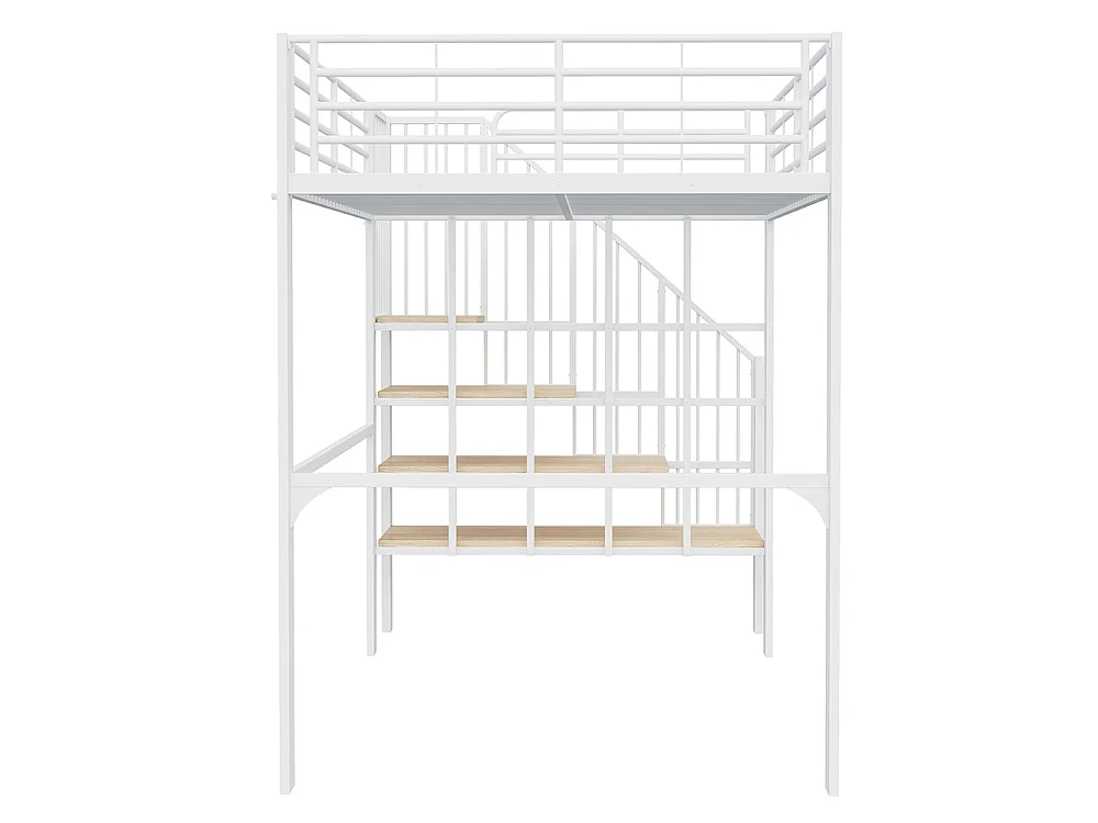 Métal Lit mezzanine 140x200 cm - Avec échelle - Barrières de sécurité - Grand rangement sous le lit - Blanc