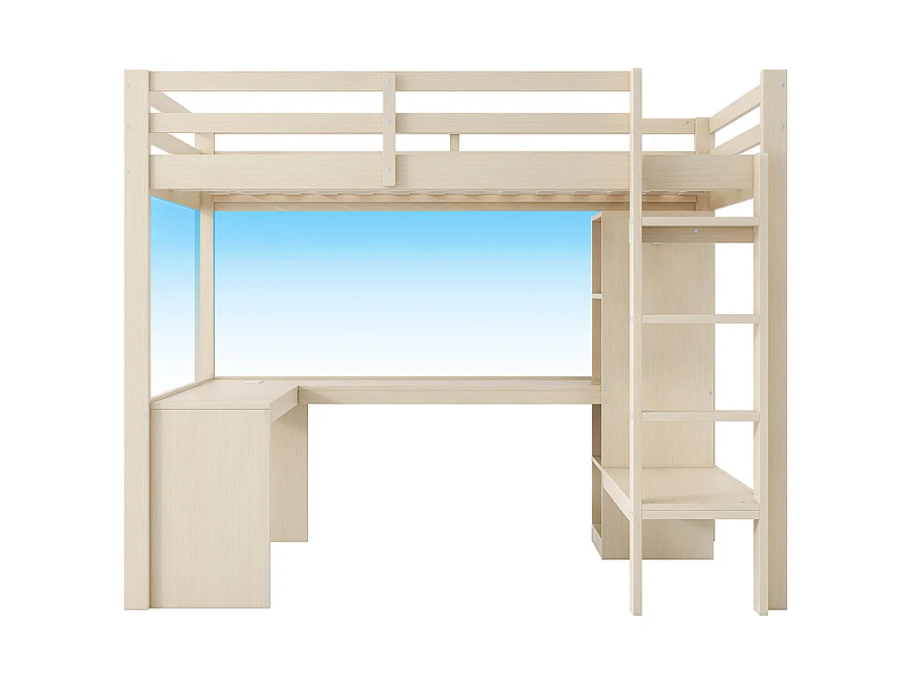Lit mezzanine 140 x 200 cm avec bureau - armoire ouverte - étagères - éclairage LED - prise de recharge - bois de pin - naturel
