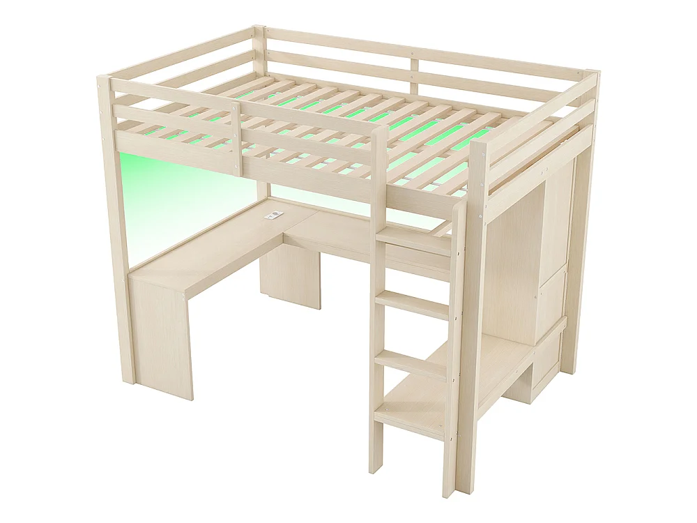 Lit mezzanine 140 x 200 cm avec bureau - armoire ouverte - étagères - éclairage LED - prise de recharge - bois de pin - naturel