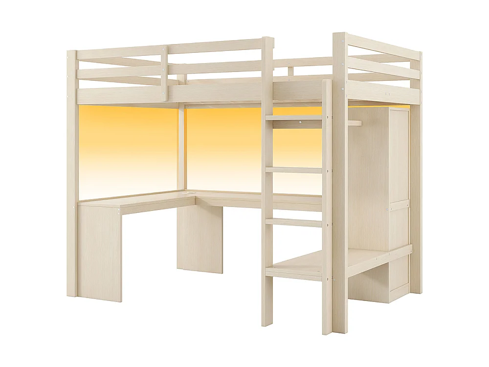 Lit mezzanine 140 x 200 cm avec bureau - armoire ouverte - étagères - éclairage LED - prise de recharge - bois de pin - naturel
