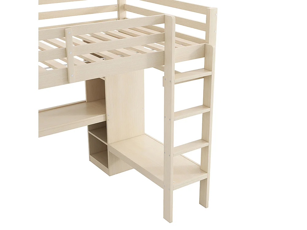 Lit mezzanine 140 x 200 cm avec bureau - armoire ouverte - étagères - éclairage LED - prise de recharge - bois de pin - naturel
