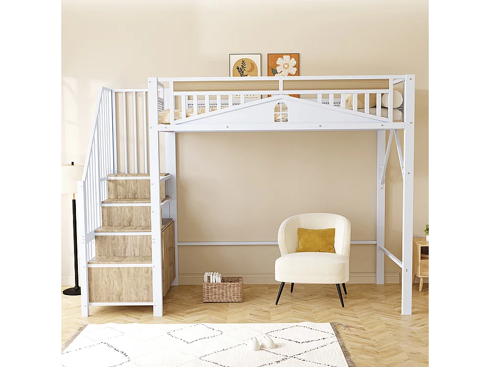 Lit Mezzanine Enfant 90x200 cm en métal - avec Escalier de Rangement - Casier - Barrière de Sécurité - Blanc