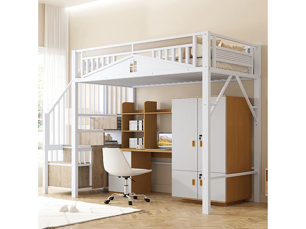 Lit Mezzanine Enfant 90x200 cm en métal - avec Escalier de Rangement - Casier - Barrière de Sécurité - Blanc