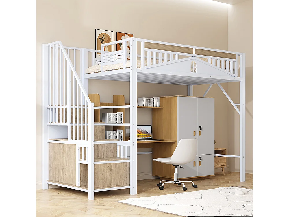 Lit Mezzanine Enfant 90x200 cm en métal - avec Escalier de Rangement - Casier - Barrière de Sécurité - Blanc