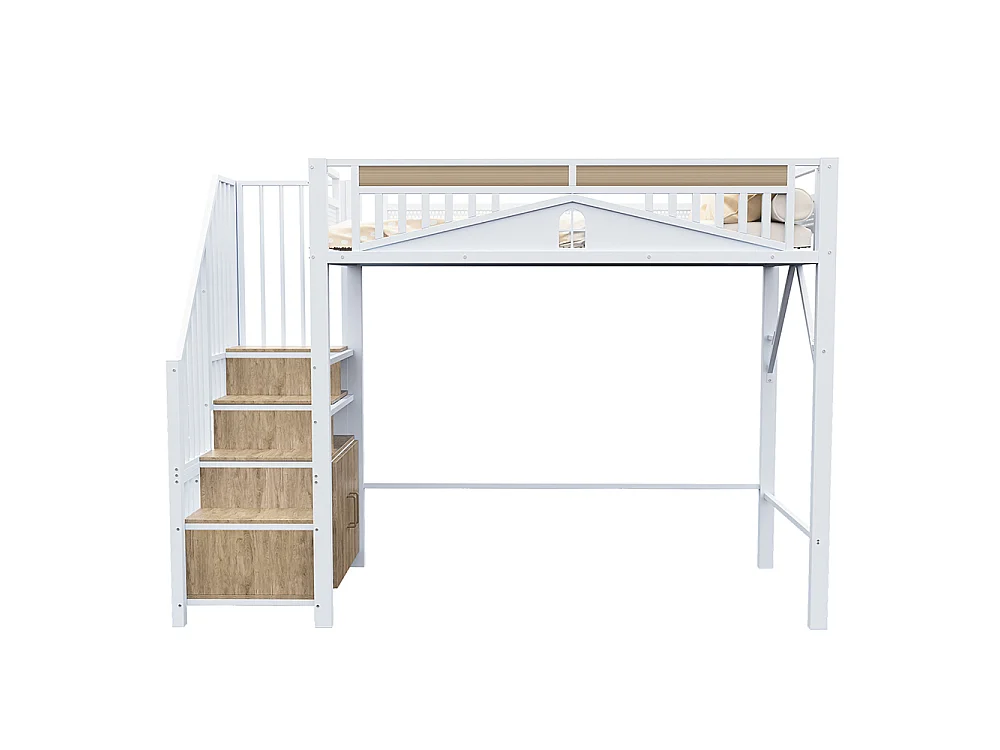 Lit Mezzanine Enfant 90x200 cm en métal - avec Escalier de Rangement - Casier - Barrière de Sécurité - Blanc