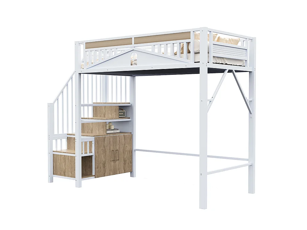 Lit Mezzanine Enfant 90x200 cm en métal - avec Escalier de Rangement - Casier - Barrière de Sécurité - Blanc