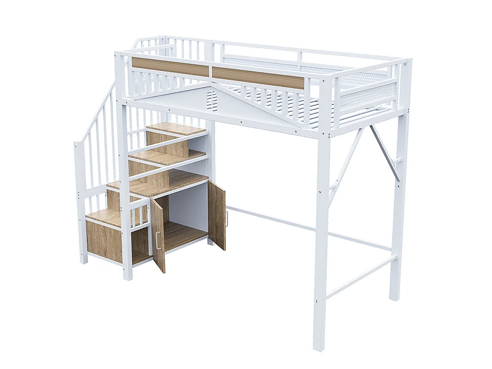 Lit Mezzanine Enfant 90x200 cm en métal - avec Escalier de Rangement - Casier - Barrière de Sécurité - Blanc