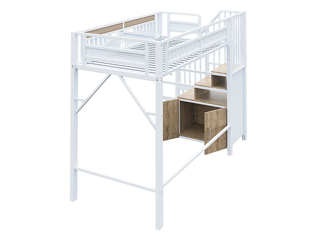 Lit Mezzanine Enfant 90x200 cm en métal - avec Escalier de Rangement - Casier - Barrière de Sécurité - Blanc