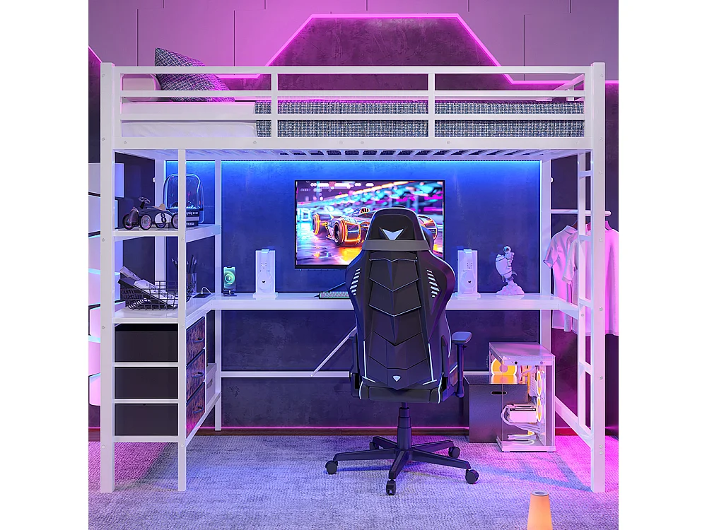 Lit mezzanine 90x200 cm - avec éclairage LED - Bureau en L - 3 tiroirs - ports USB - étagère - escalier - porte-manteau - blanc