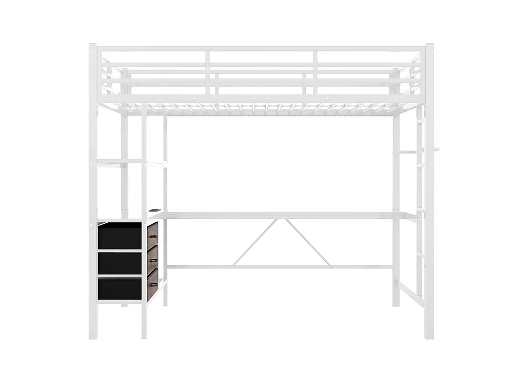 Lit mezzanine 90x200 cm - avec éclairage LED - Bureau en L - 3 tiroirs - ports USB - étagère - escalier - porte-manteau - blanc
