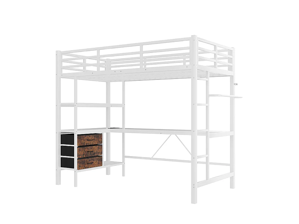 Lit mezzanine 90x200 cm - avec éclairage LED - Bureau en L - 3 tiroirs - ports USB - étagère - escalier - porte-manteau - blanc