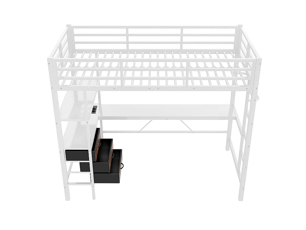 Lit mezzanine 90x200 cm - avec éclairage LED - Bureau en L - 3 tiroirs - ports USB - étagère - escalier - porte-manteau - blanc