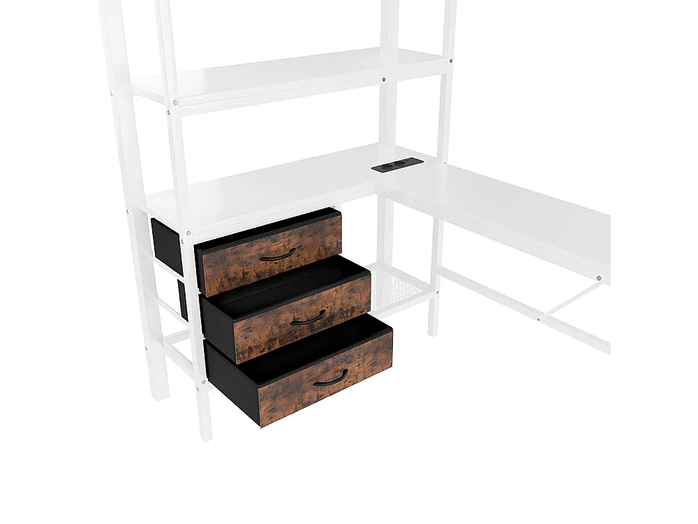 Lit mezzanine 90x200 cm - avec éclairage LED - Bureau en L - 3 tiroirs - ports USB - étagère - escalier - porte-manteau - blanc
