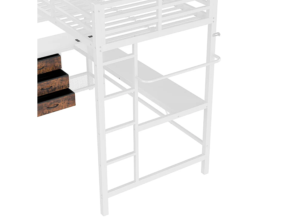 Lit mezzanine 90x200 cm - avec éclairage LED - Bureau en L - 3 tiroirs - ports USB - étagère - escalier - porte-manteau - blanc
