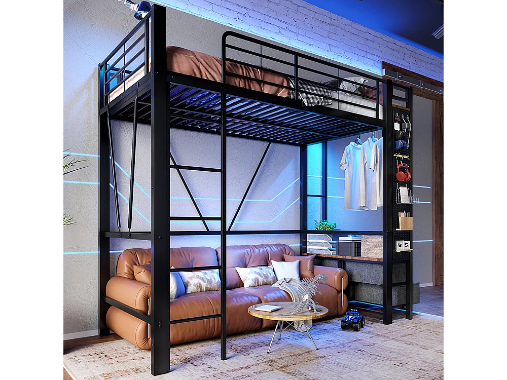 Lit Mezzanine en métal 90x200 cm - avec éclairage LED - USB Type-C - 4 Tiroirs - Barre de séchage - Panneau perforé - échelle - Noir