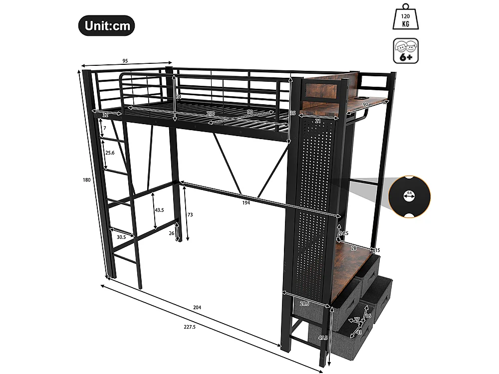 Lit Mezzanine en métal 90x200 cm - avec éclairage LED - USB Type-C - 4 Tiroirs - Barre de séchage - Panneau perforé - échelle - Noir