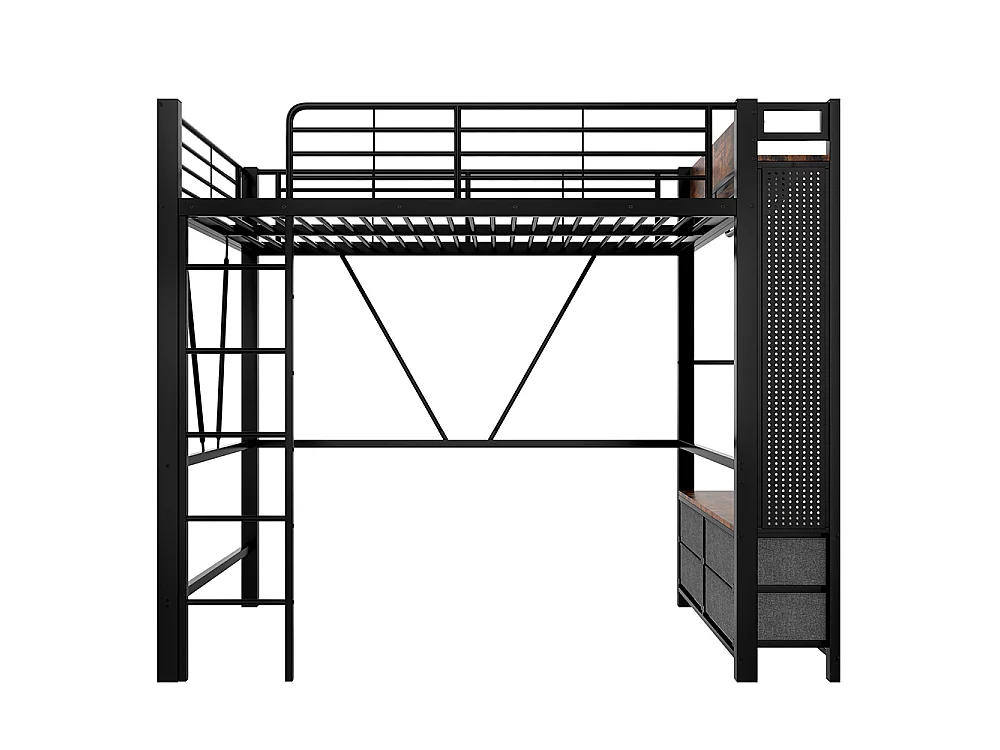 Lit Mezzanine en métal 90x200 cm - avec éclairage LED - USB Type-C - 4 Tiroirs - Barre de séchage - Panneau perforé - échelle - Noir