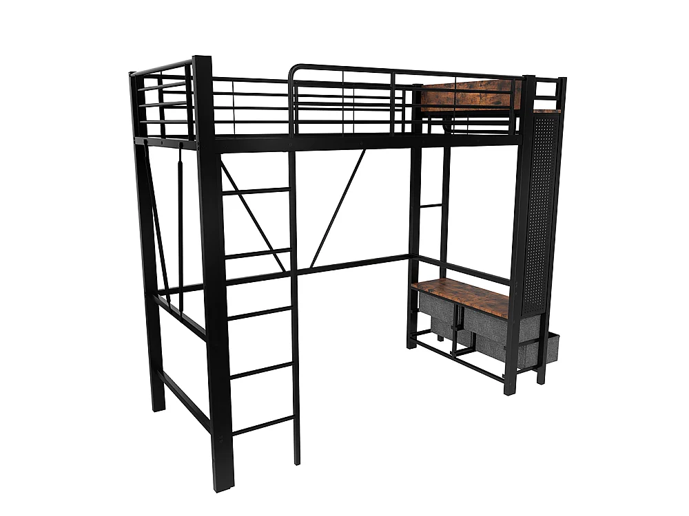 Lit Mezzanine en métal 90x200 cm - avec éclairage LED - USB Type-C - 4 Tiroirs - Barre de séchage - Panneau perforé - échelle - Noir