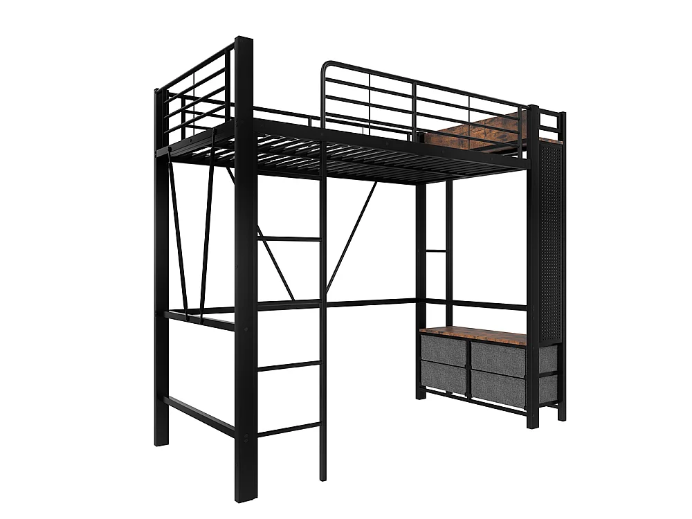 Lit Mezzanine en métal 90x200 cm - avec éclairage LED - USB Type-C - 4 Tiroirs - Barre de séchage - Panneau perforé - échelle - Noir