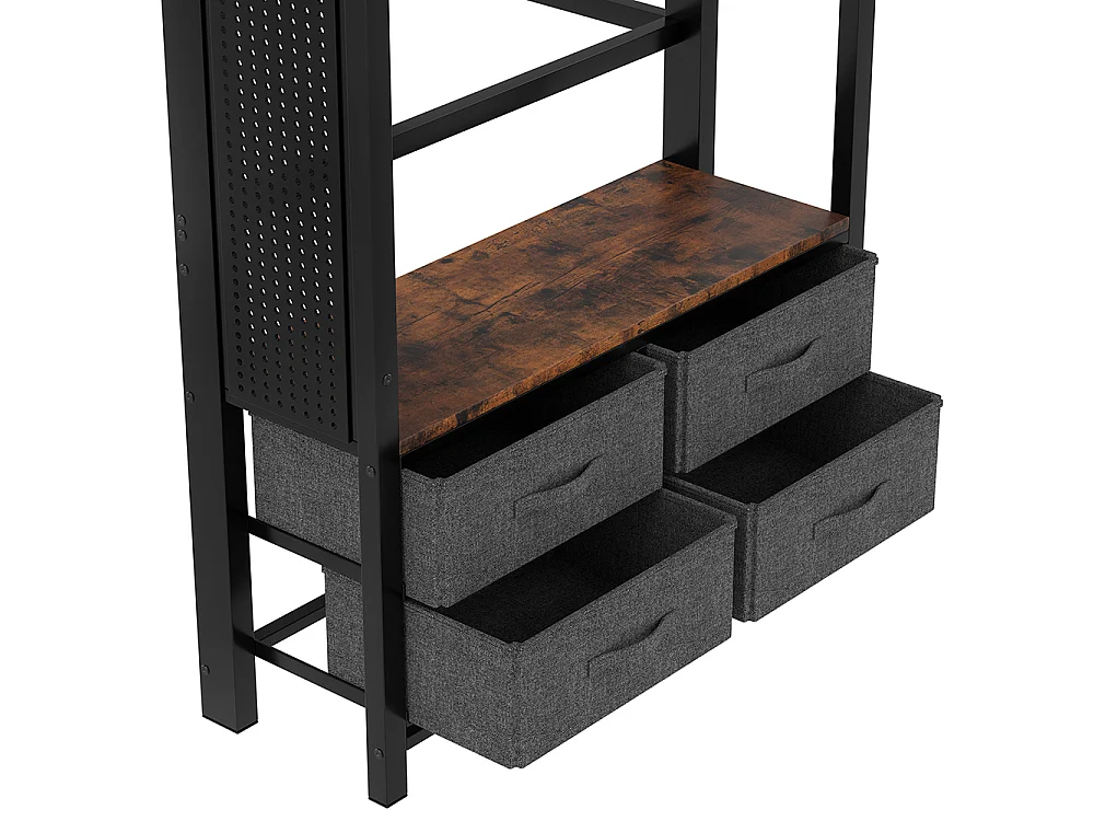 Lit Mezzanine en métal 90x200 cm - avec éclairage LED - USB Type-C - 4 Tiroirs - Barre de séchage - Panneau perforé - échelle - Noir