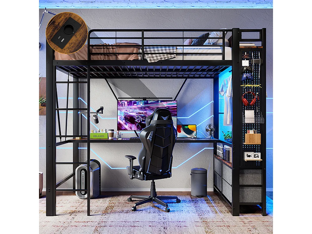 Métal Lit Mezzanine 90x200 cm - avec LED - Bureau - USB Type-C - 4 Tiroirs - Barre de séchage - Panneau perforé - échelle - Noir