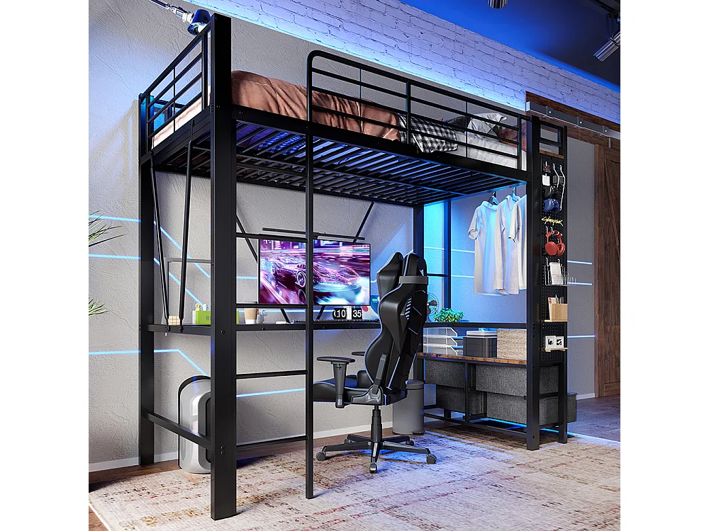 Métal Lit Mezzanine 90x200 cm - avec LED - Bureau - USB Type-C - 4 Tiroirs - Barre de séchage - Panneau perforé - échelle - Noir