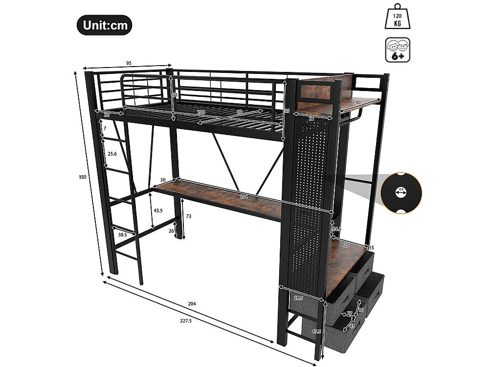 Métal Lit Mezzanine 90x200 cm - avec LED - Bureau - USB Type-C - 4 Tiroirs - Barre de séchage - Panneau perforé - échelle - Noir