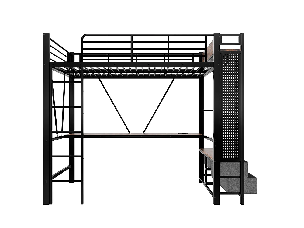 Métal Lit Mezzanine 90x200 cm - avec LED - Bureau - USB Type-C - 4 Tiroirs - Barre de séchage - Panneau perforé - échelle - Noir