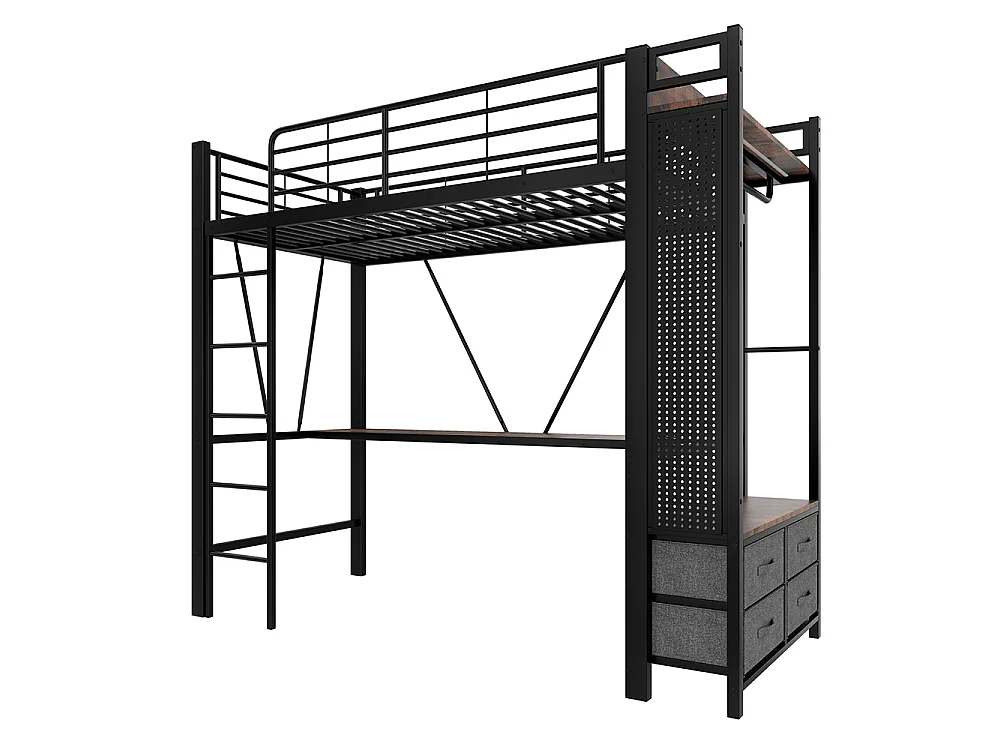 Métal Lit Mezzanine 90x200 cm - avec LED - Bureau - USB Type-C - 4 Tiroirs - Barre de séchage - Panneau perforé - échelle - Noir