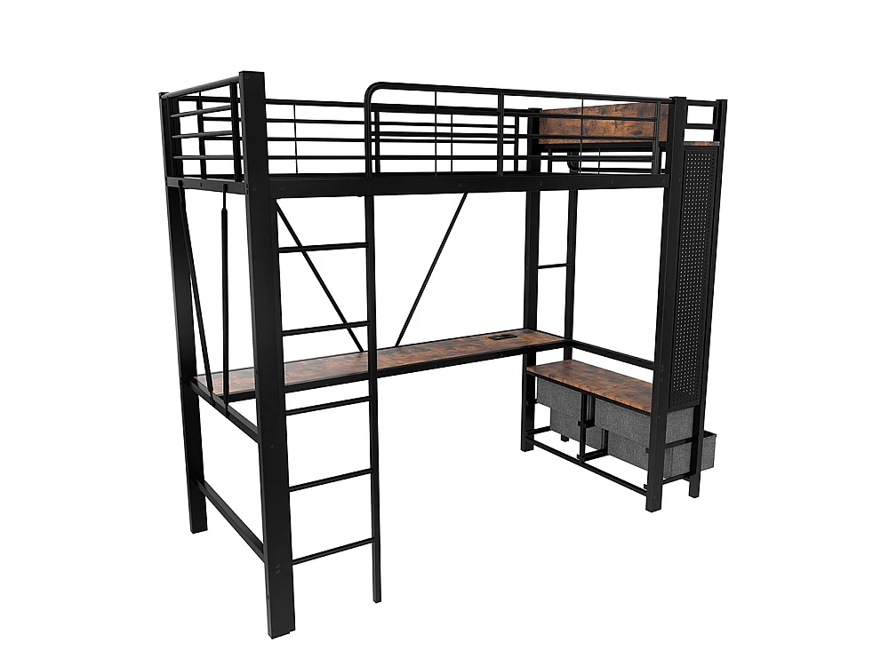 Métal Lit Mezzanine 90x200 cm - avec LED - Bureau - USB Type-C - 4 Tiroirs - Barre de séchage - Panneau perforé - échelle - Noir