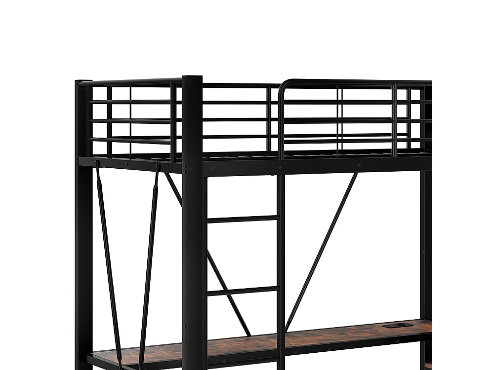 Métal Lit Mezzanine 90x200 cm - avec LED - Bureau - USB Type-C - 4 Tiroirs - Barre de séchage - Panneau perforé - échelle - Noir