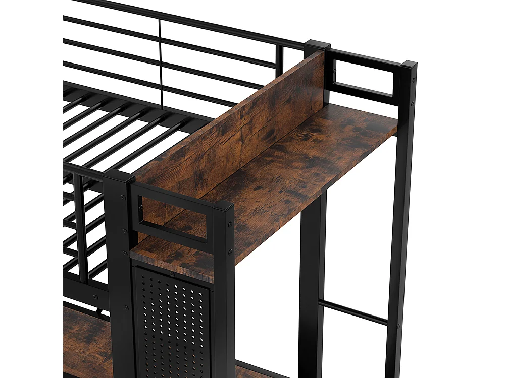 Métal Lit Mezzanine 90x200 cm - avec LED - Bureau - USB Type-C - 4 Tiroirs - Barre de séchage - Panneau perforé - échelle - Noir
