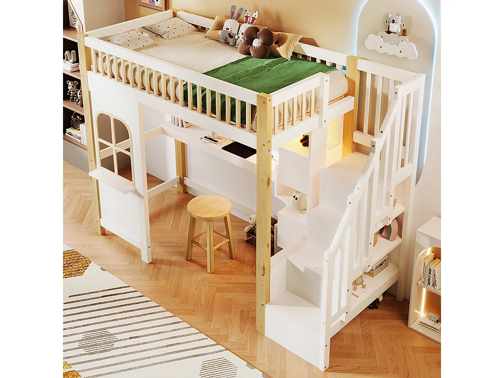 Lit mezzanine enfant 90x200 cm avec bureau - prise - LED - échelle de rangement - compartiment de rangement ouvert - blanc + naturel
