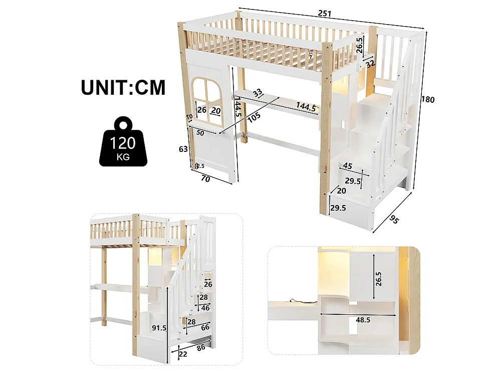 Lit mezzanine enfant 90x200 cm avec bureau - prise - LED - échelle de rangement - compartiment de rangement ouvert - blanc + naturel