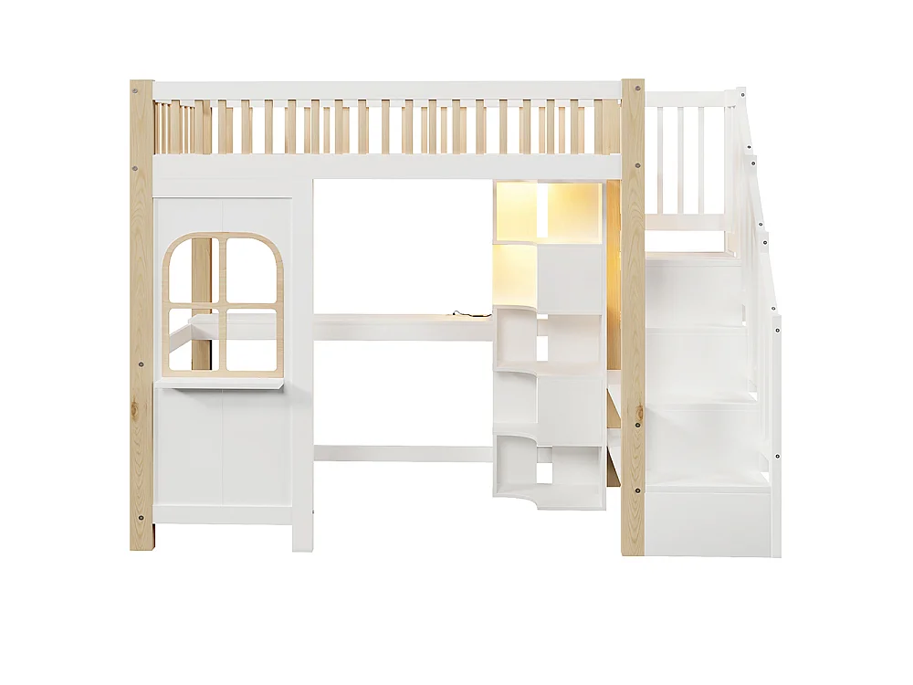 Lit mezzanine enfant 90x200 cm avec bureau - prise - LED - échelle de rangement - compartiment de rangement ouvert - blanc + naturel