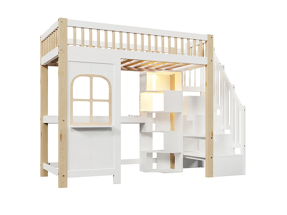 Lit mezzanine enfant 90x200 cm avec bureau - prise - LED - échelle de rangement - compartiment de rangement ouvert - blanc + naturel