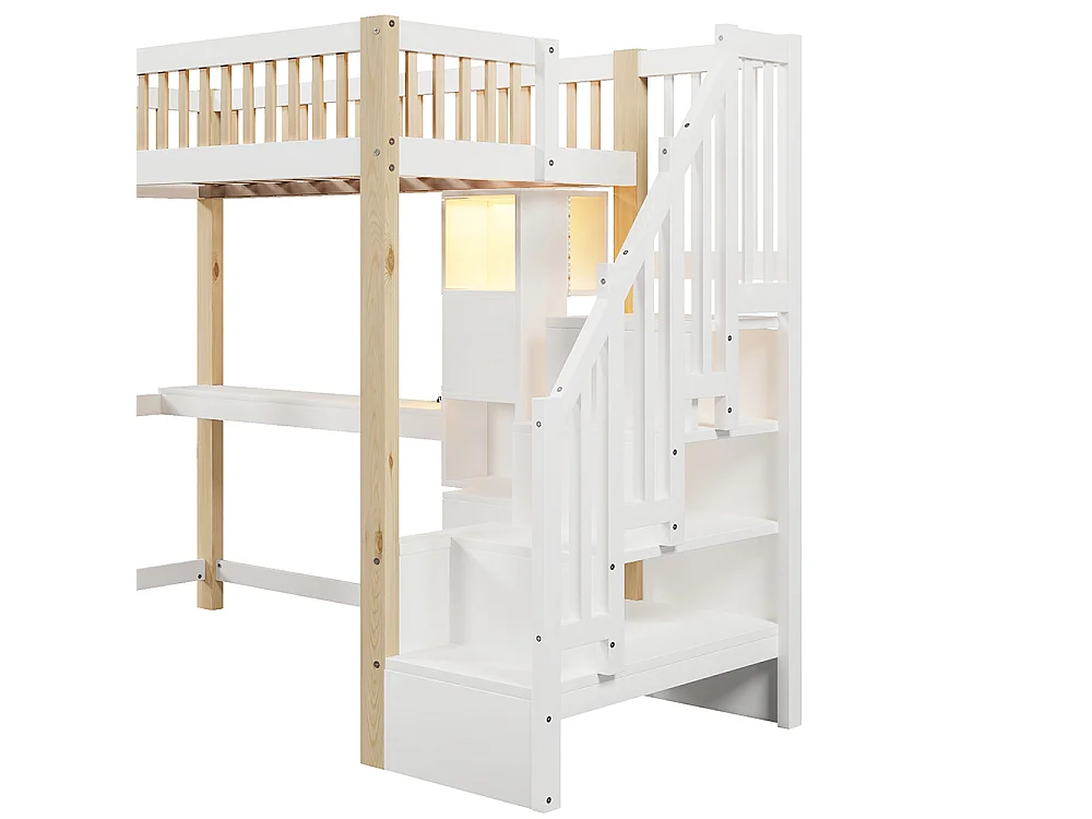 Lit mezzanine enfant 90x200 cm avec bureau - prise - LED - échelle de rangement - compartiment de rangement ouvert - blanc + naturel