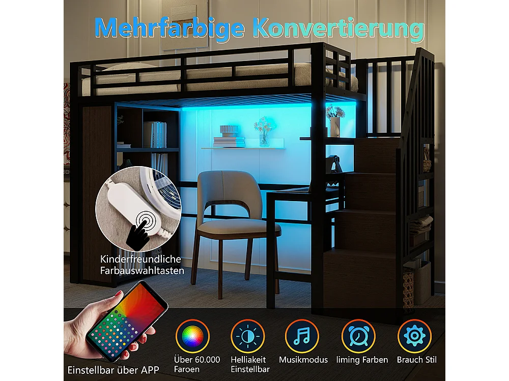 Lit mezzanine avec bureau et LED - 90x200 cm - Structure en fer - Compartiments de rangement - Barrières de sécurité - Noir