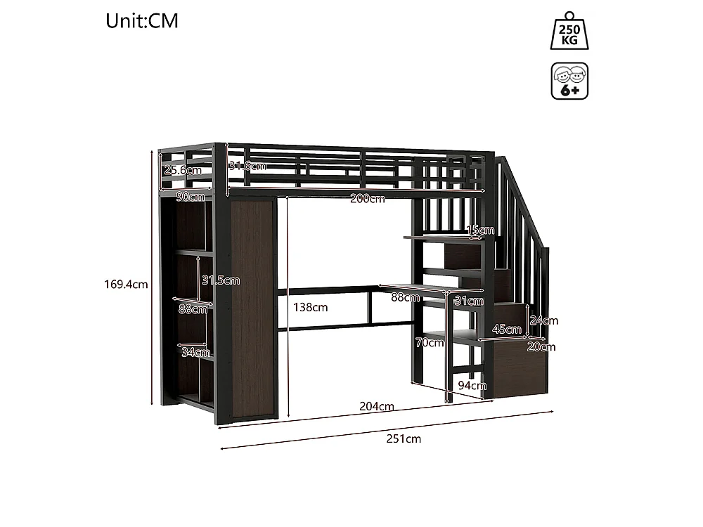 Lit mezzanine avec bureau et LED - 90x200 cm - Structure en fer - Compartiments de rangement - Barrières de sécurité - Noir