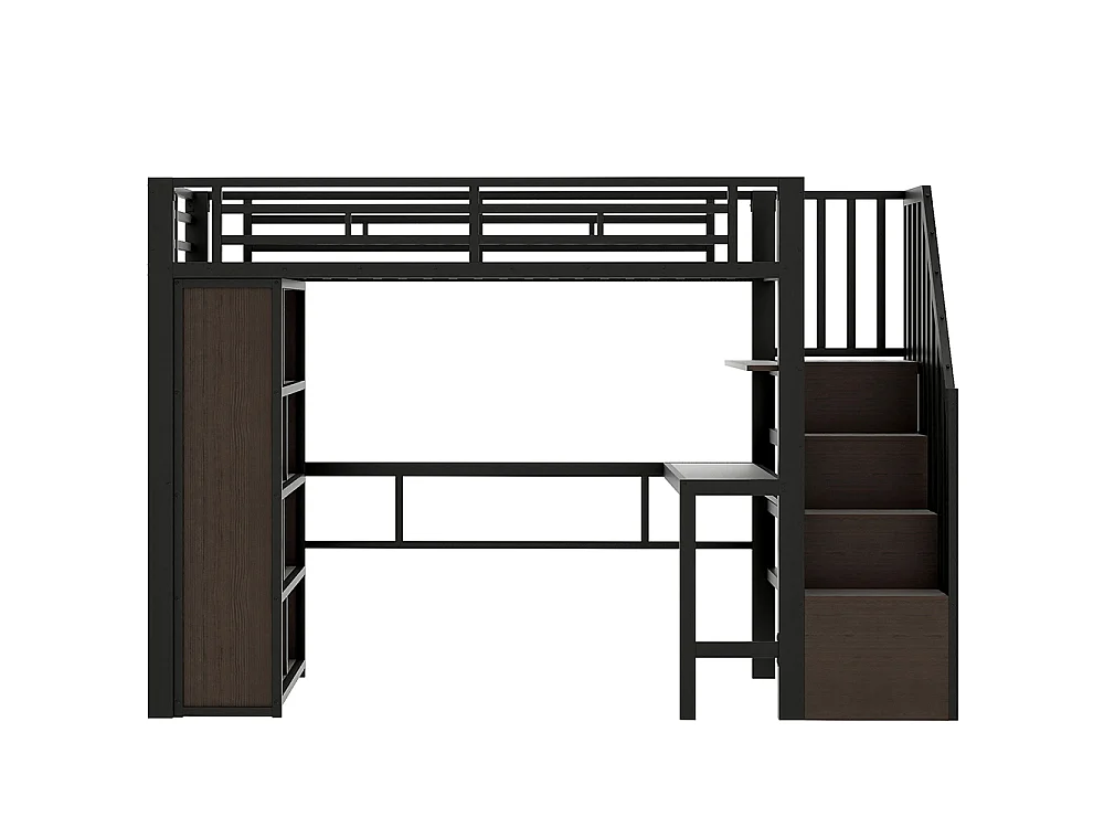 Lit mezzanine avec bureau et LED - 90x200 cm - Structure en fer - Compartiments de rangement - Barrières de sécurité - Noir