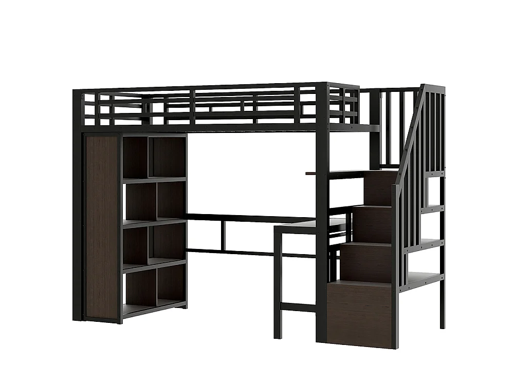 Lit mezzanine avec bureau et LED - 90x200 cm - Structure en fer - Compartiments de rangement - Barrières de sécurité - Noir